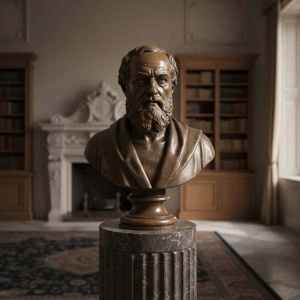 Museum-grade classical bronze bust of a middle-aged man, adorned with deep brown patina, suitable for indoor or outdoor display.