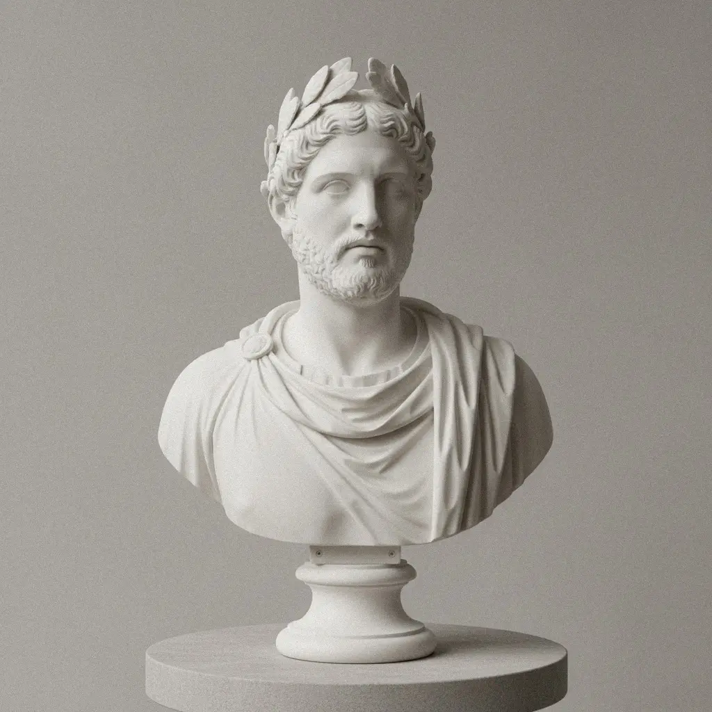 Museum-grade classical marble bust of a middle-aged man, white, suitable for indoor display.