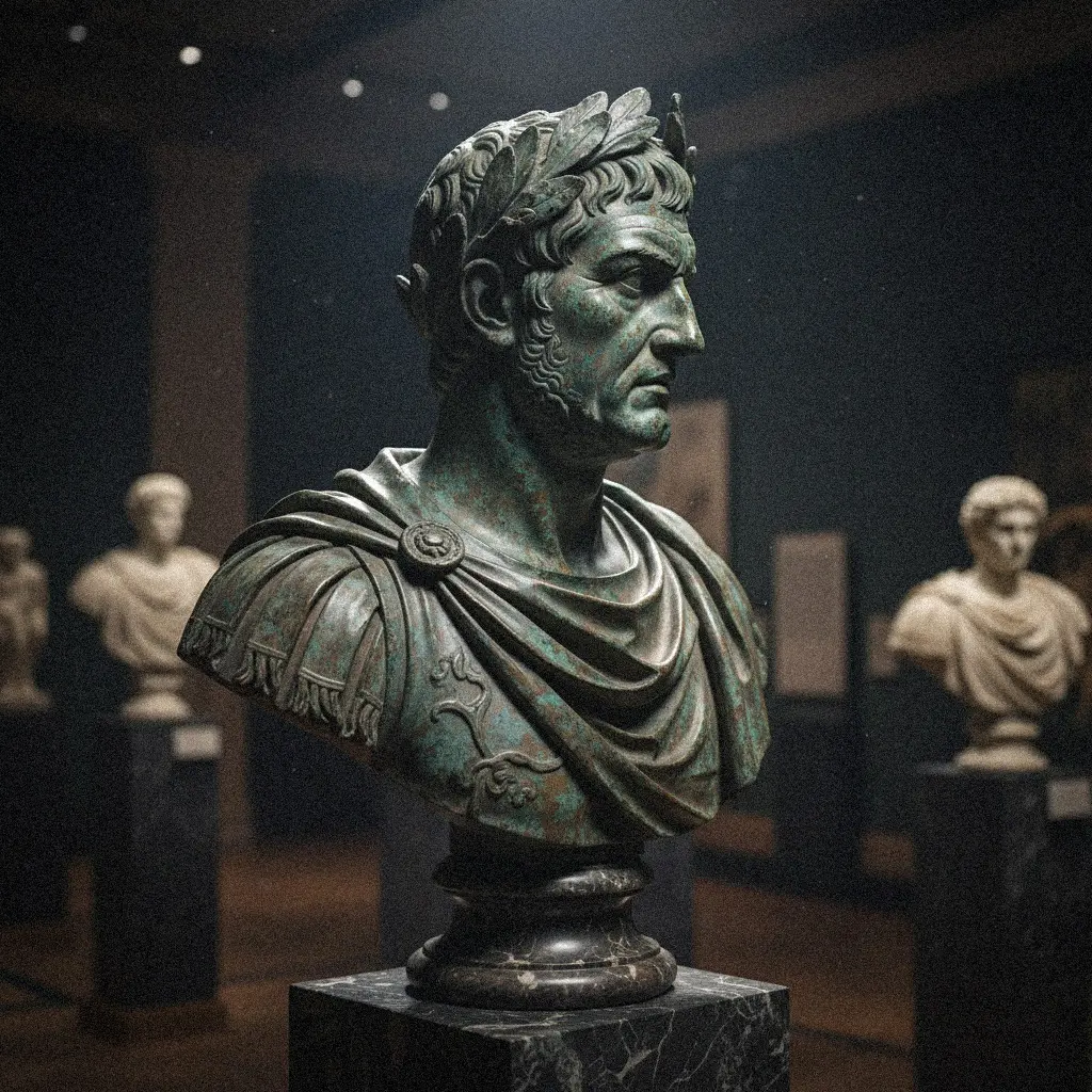 A museum-quality classical bronze bust of a middle-aged man, adorned with verdigris, whose facial expression appears lifelike.