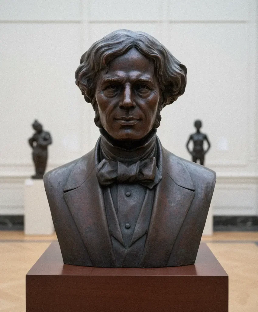 Two images comparing the process:
Second image: Final bronze portrait bust casting
