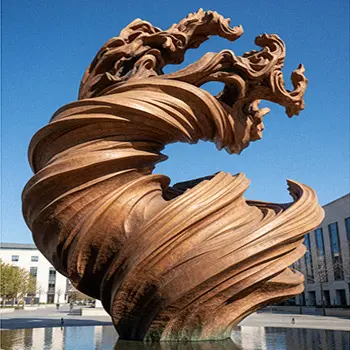 Bronze abstract wave sculpture with fluid movement for outdoor water feature
