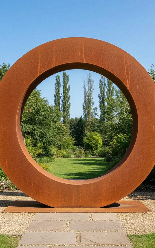 Large corten steel moon gate ring sculpture framing garden view