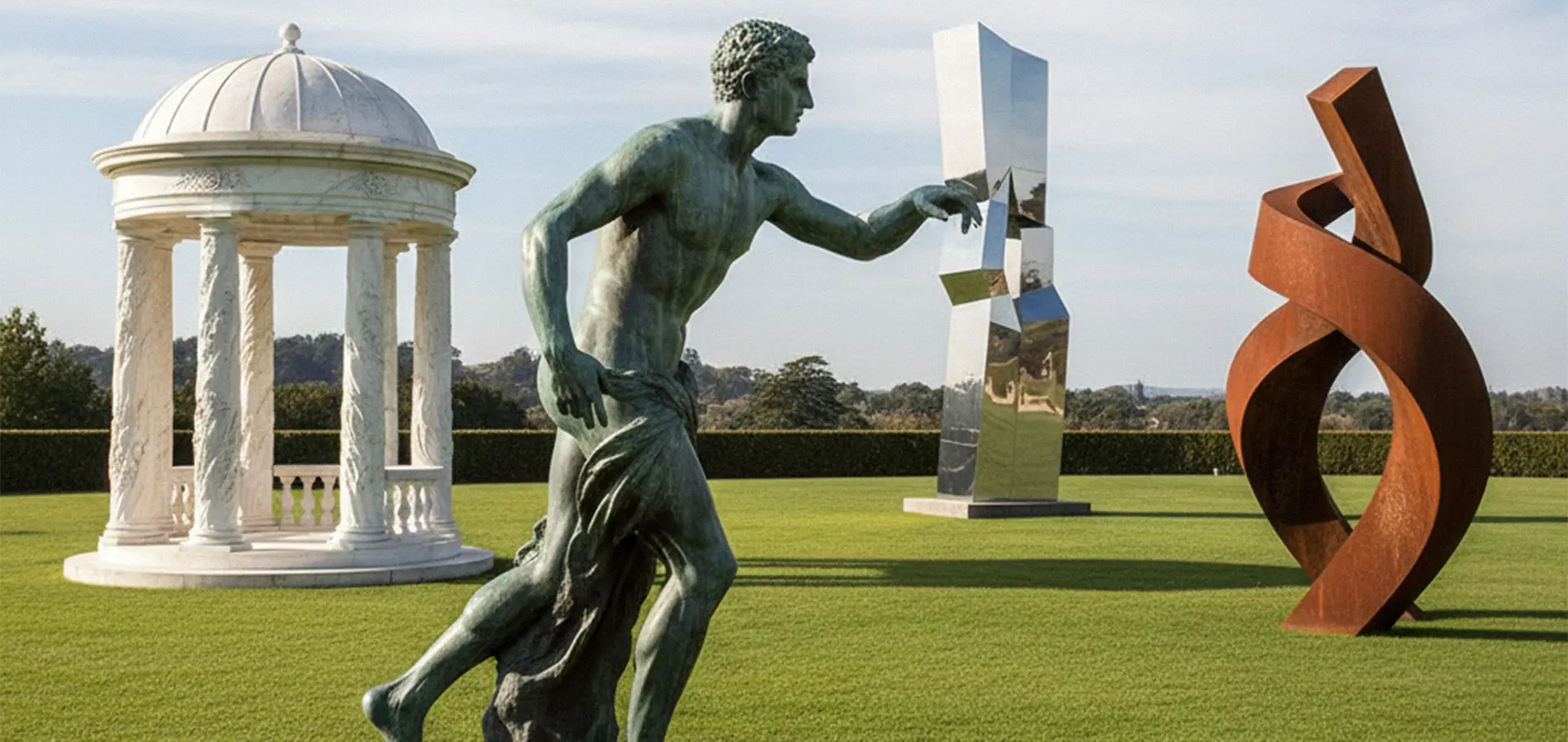 Yun Sculpture catalog banner featuring custom bronze figures, marble fountains, and modern stainless steel statues for sale