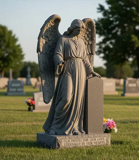 Large grey granite family estate monument with guardian a angel statue