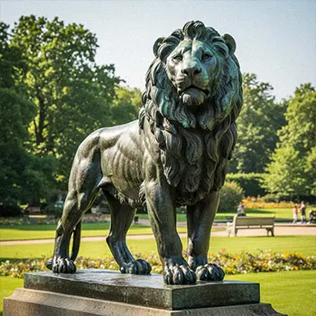 Life-size animal sculptures including bronze horses, lions, and mythical beasts