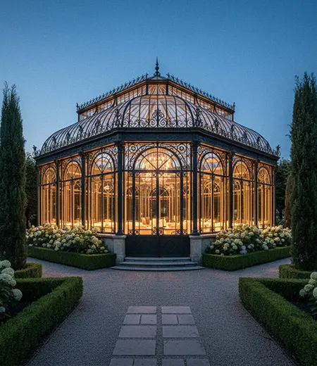 Black wrought iron greenhouse pavilion in botanical garden