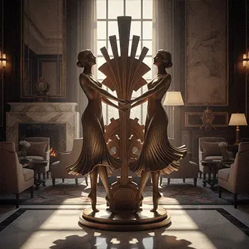 Art Deco style bronze statue of two women holding a fan