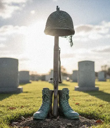 Bronze battlefield cross statue boots rifle helmet memorial