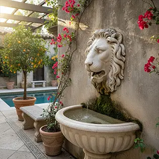Beige limestone lion head spout wall fountain for pool