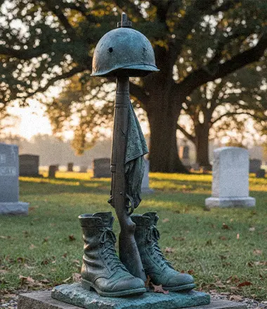 Fallen soldier battle cross statue close up of boots and rifle