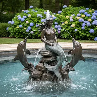 Group of two bronze dolphins jumping and mermaid water fountain sculpture