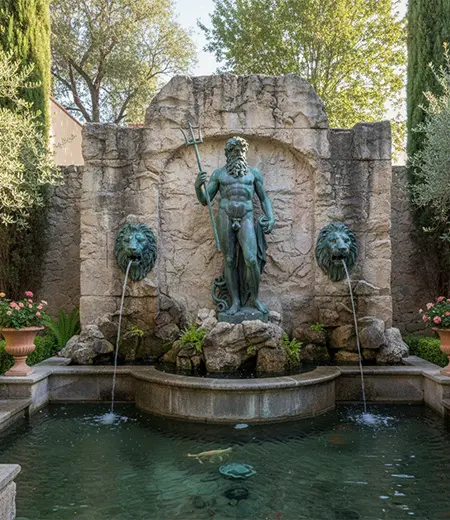 Large bronze lion head and bronze Neptune wall fountain with pool basin for courtyard