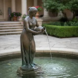 Bronze lady statue pouring water from vase into pool