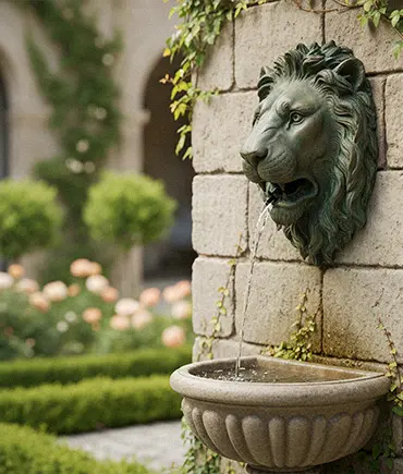 Bronze lion head wall fountain spout on stone wall