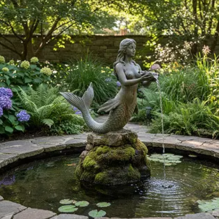 Bronze mermaid fountain statue sitting on rock pouring water