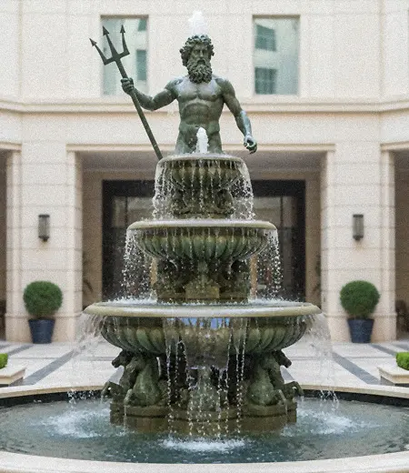 Large outdoor tiered fountain with bronze Neptune statue topper