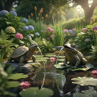 Small bronze turtle and frog water spouts for lily pond