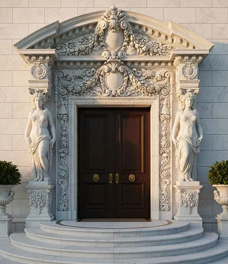 Ornate carved stone door surround with female caryatid statues
