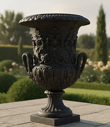 Black cast iron classic urn planter on stone base