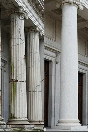 Cracked concrete column showing damage from weather