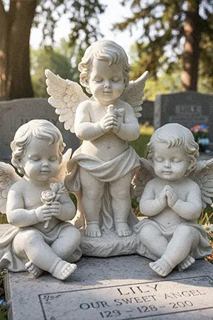 Three cute cherub angels sitting on headstone statue