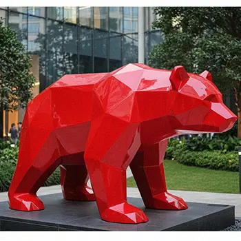 Bright red painted geometric bear statue Ferrari red color