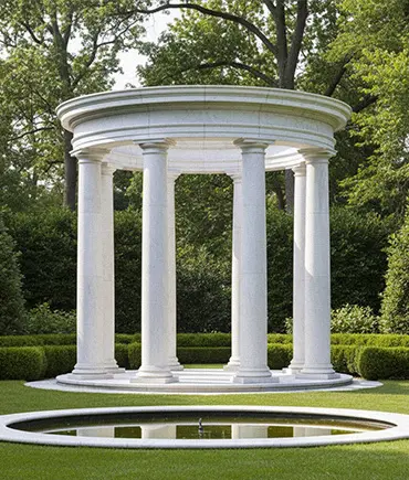 Simple Doric style stone garden pavilion with strong pillars