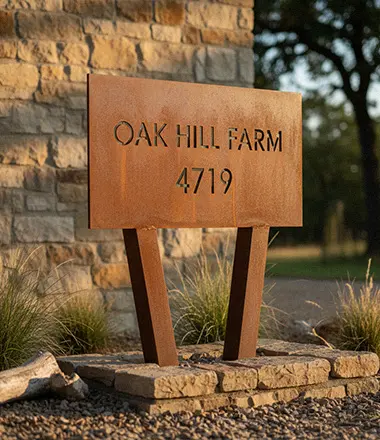 Custom corten steel address sign with house number Oak Hill Farm