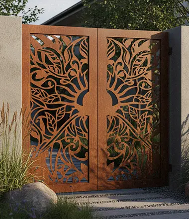 Double corten steel garden gates with laser cut tree design