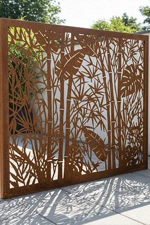 Laser cut corten steel privacy screen with bamboo leaf nature pattern