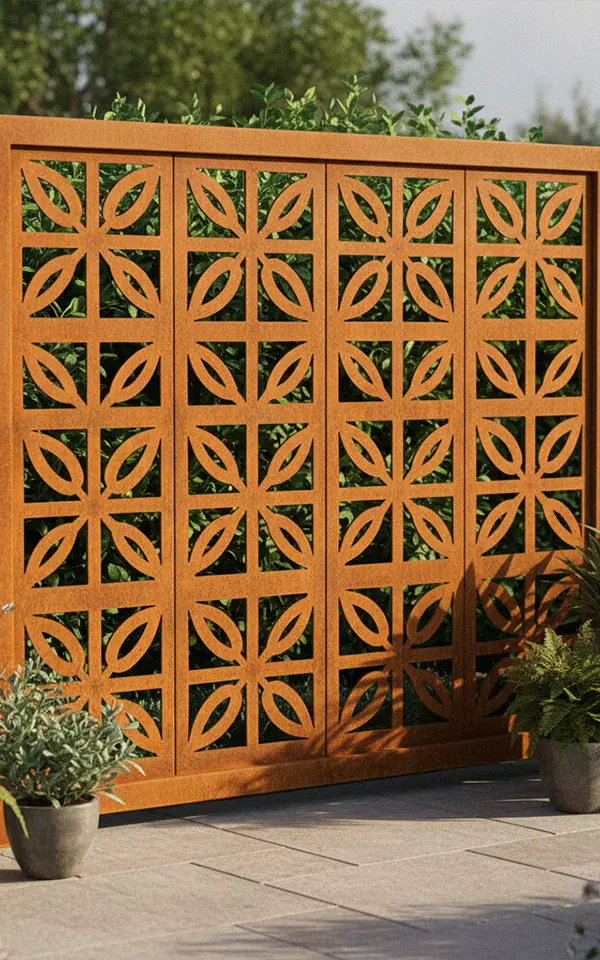 A rust-colored outdoor Corten steel privacy screen made of four panels. The panels feature symmetrical square cutout patterns formed by four leaves. The screen is placed on a patio with gray paving stones, flanked by potted plants and a green hedge in the background.