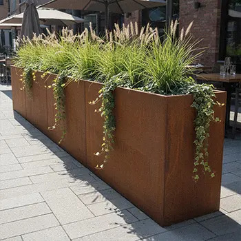 Custom extra long corten steel trough planter for commercial project