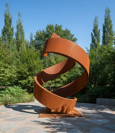 Large spiral rusty metal sculpture outdoor garden feature