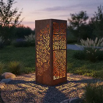 Decorative corten steel garden light bollard with floral laser cut pattern