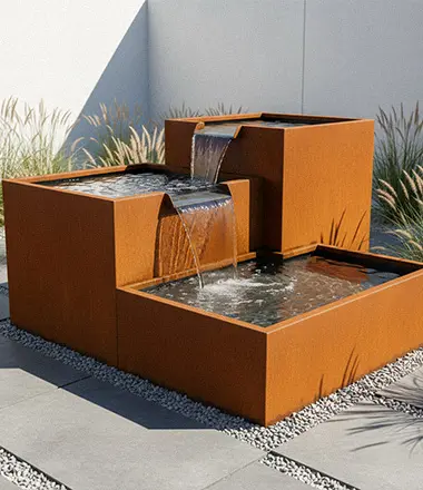 Tiered corten steel water fountain with cascading water