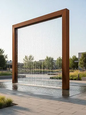 Outdoor corten steel rain curtain fountain free standing frame