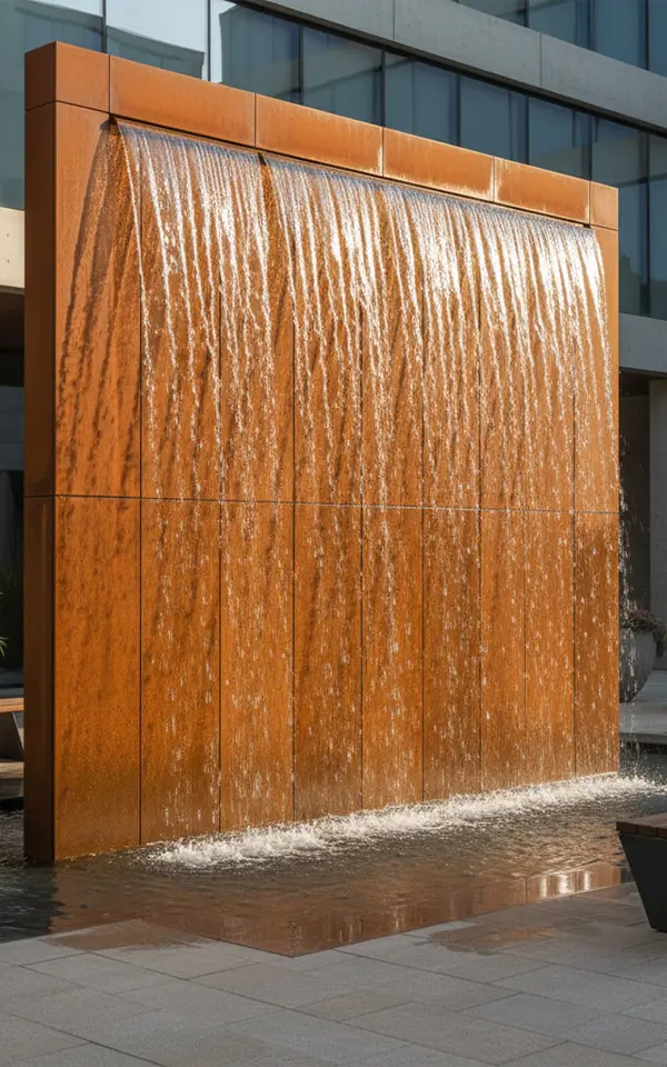 Large corten steel rain curtain fountain wall feature for hotel entrance