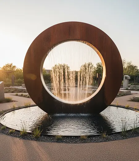 Weathering steel circular fountain with water curtain in the middle