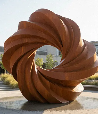 Abstract corten steel spiral sculpture water feature