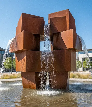 Geometric corten steel cube fountain large outdoor sculpture