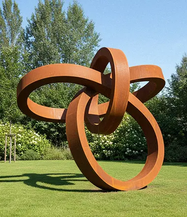 Vertical twisted corten steel ribbon sculpture abstract art