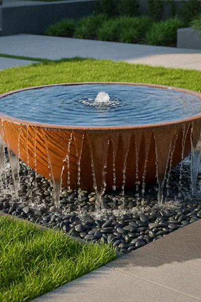 Corten steel water bowl fountain bubbling water in modern garden