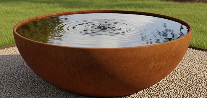Large round corten steel water bowl pond reflecting the sky
