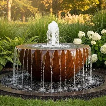 Round corten steel water bowl fountain with water flowing