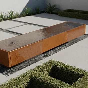 Long rectangular corten steel water feature with fountain jets