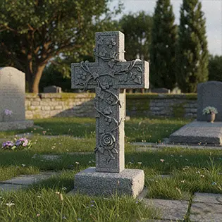 Rustic granite cross tombstone with carved vines and flowers
