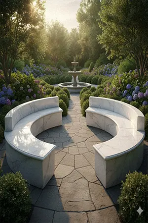Curved white marble garden bench seating area