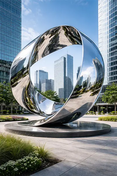 Large mirror polished stainless steel infinity loop sculpture in city center