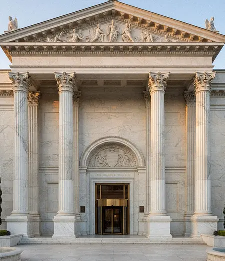 Large white marble Corinthian columns entrance facade for luxury building