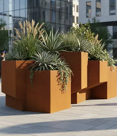 Custom size large corten steel planters set for public plaza